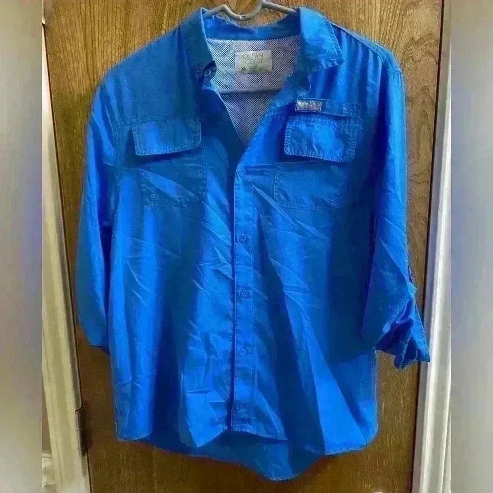 Ocean + Coast Womens Button Down Shirt Size XL Blue Fishing Tabbed Long Sleeves